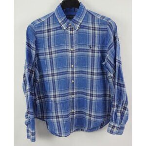 Ralph Lauren Linen Mens Large Long Sleeve Blue Shadow Plaid Pony Button Up Shirt
